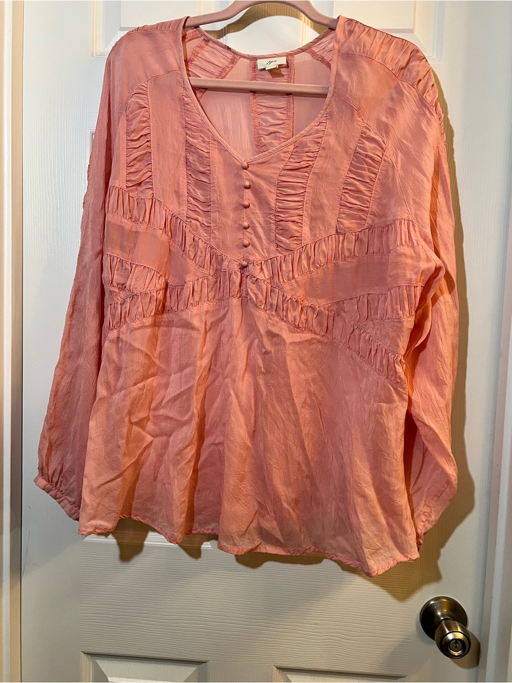 J. Jill Coral Pink Button-Front Ruffle V-Neck Blouse